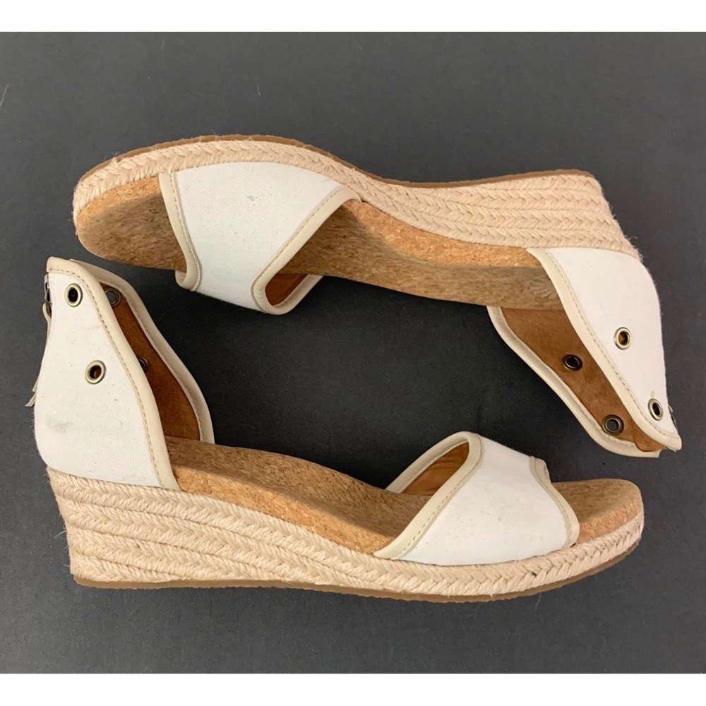 UGG Canvas Espadrille Wedge Sandals Cream Cork Jute Sz 7 Back Zip Open Toe